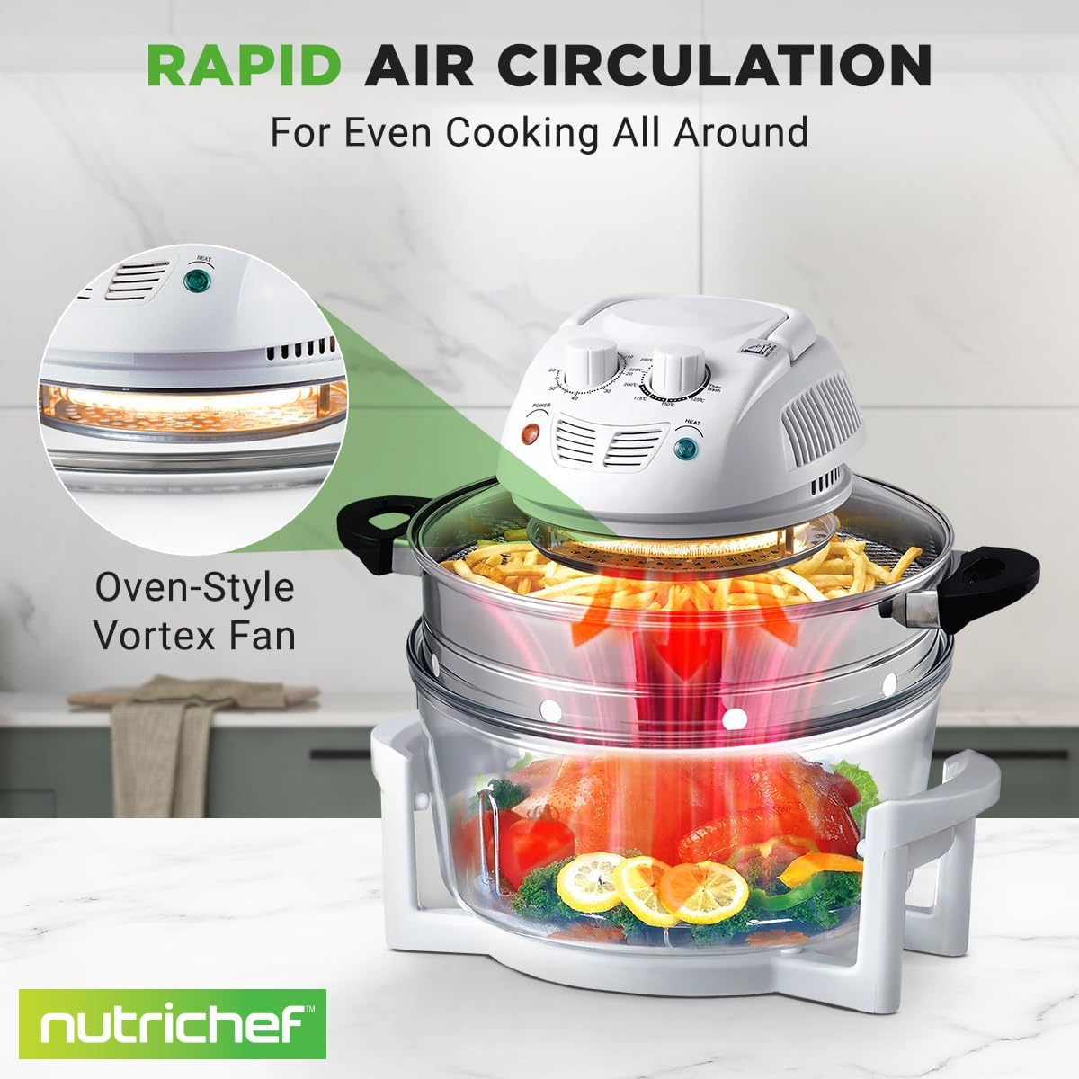 NutriChef Air Fryer - 13 Quart Infrared Convection Halogen Oven | Quick Healthy Meals in White