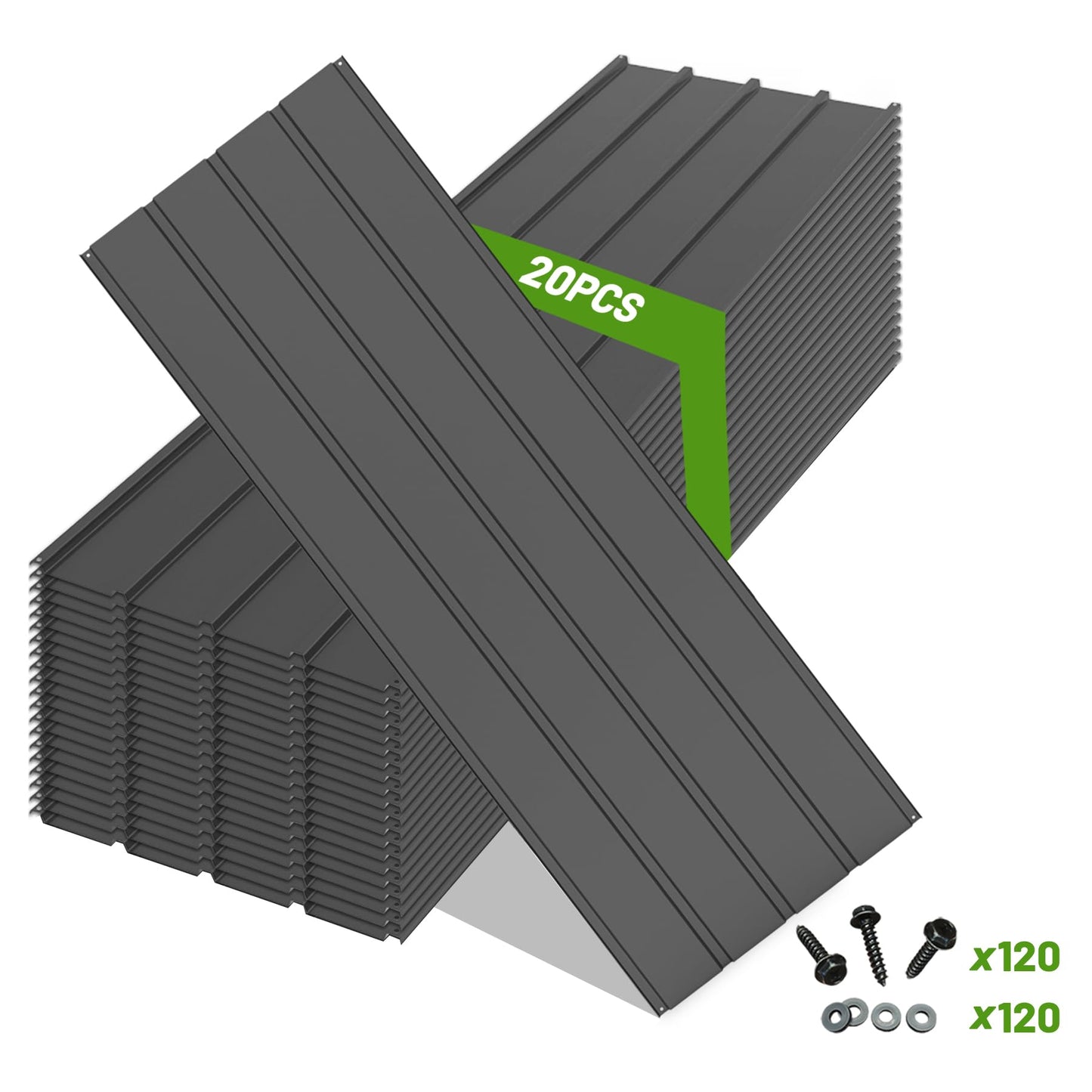 SHPAI 20PCS Metal Roofing Panels, Corrugated Galvanized Roof Panels, Waterproof Metal Siding Panels with 120 Pcs Steel Screws for Pergola, Gazebo, Shed, Garages, Stables and Mobile Homes (Grey)