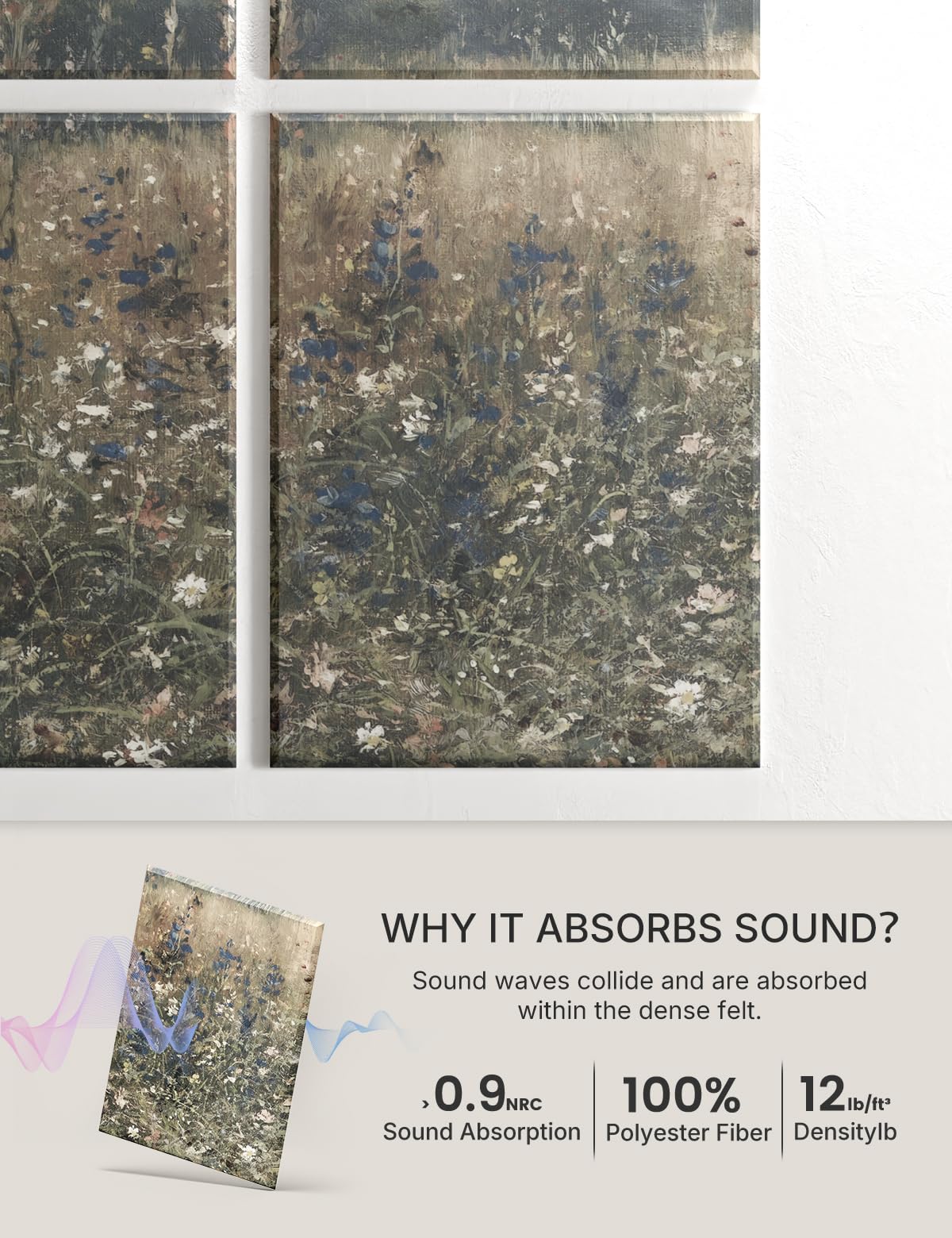 Wall Art Acoustic Panels,70''×47''Sound Absorbing Panels-8-Pack with 60 Adhesive Tabs, Decorative Sound Absorbing Panels for Living Room and Recording Studio, Offices-Champ Fleuri