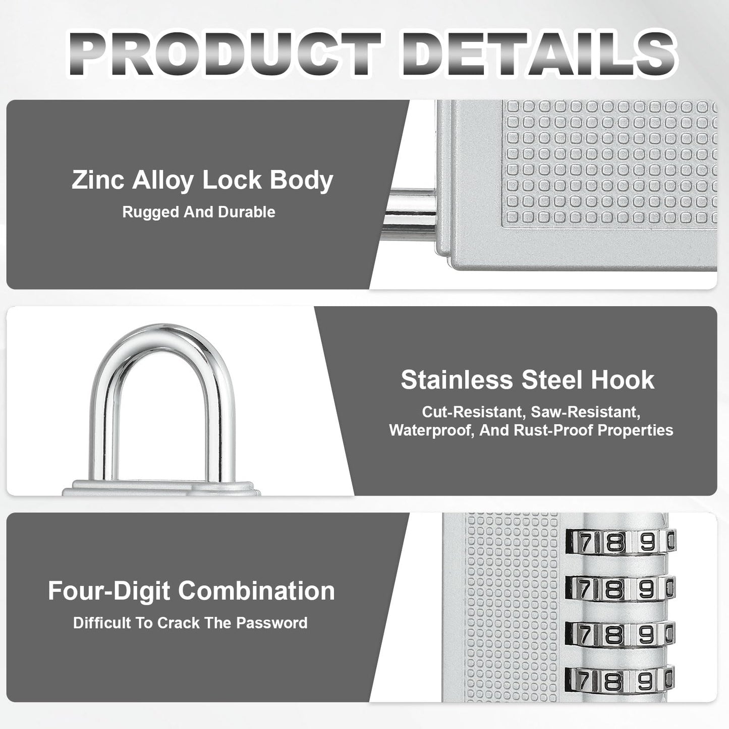PATIKIL Combination Padlock (Large, Silver), 4-Digit Combo Padlock Resettable Luggage Locks with 0.24 Inch Shackle, Suit for Gym Locker/Fence/Storage/Toolbox/Cabinets
