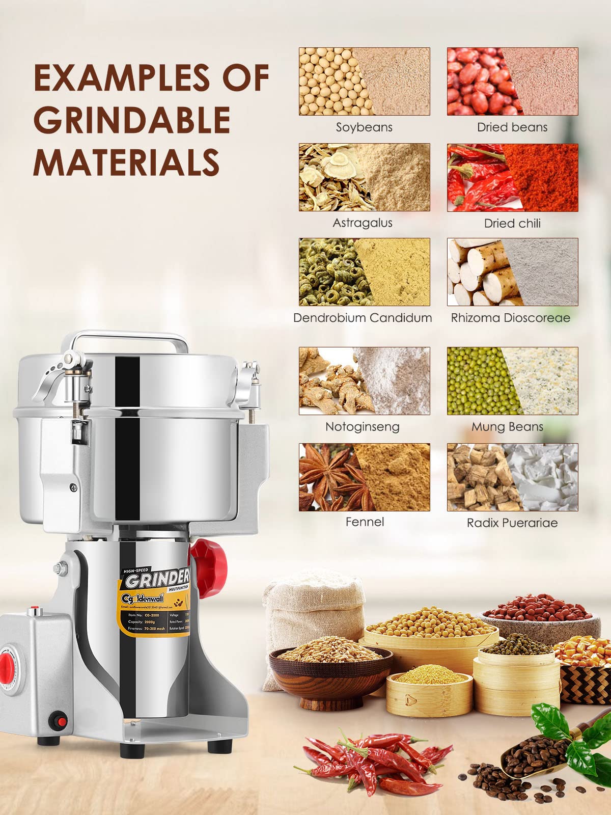 CGOLDENWALL 2500g Electric Grain Grinder Mill Safety Upgraded 3600W High-speed Spice Herb Grinder Commercial Superfine Machine Dry Cereals Pulverizer CE 110V (2500g Swing Type)
