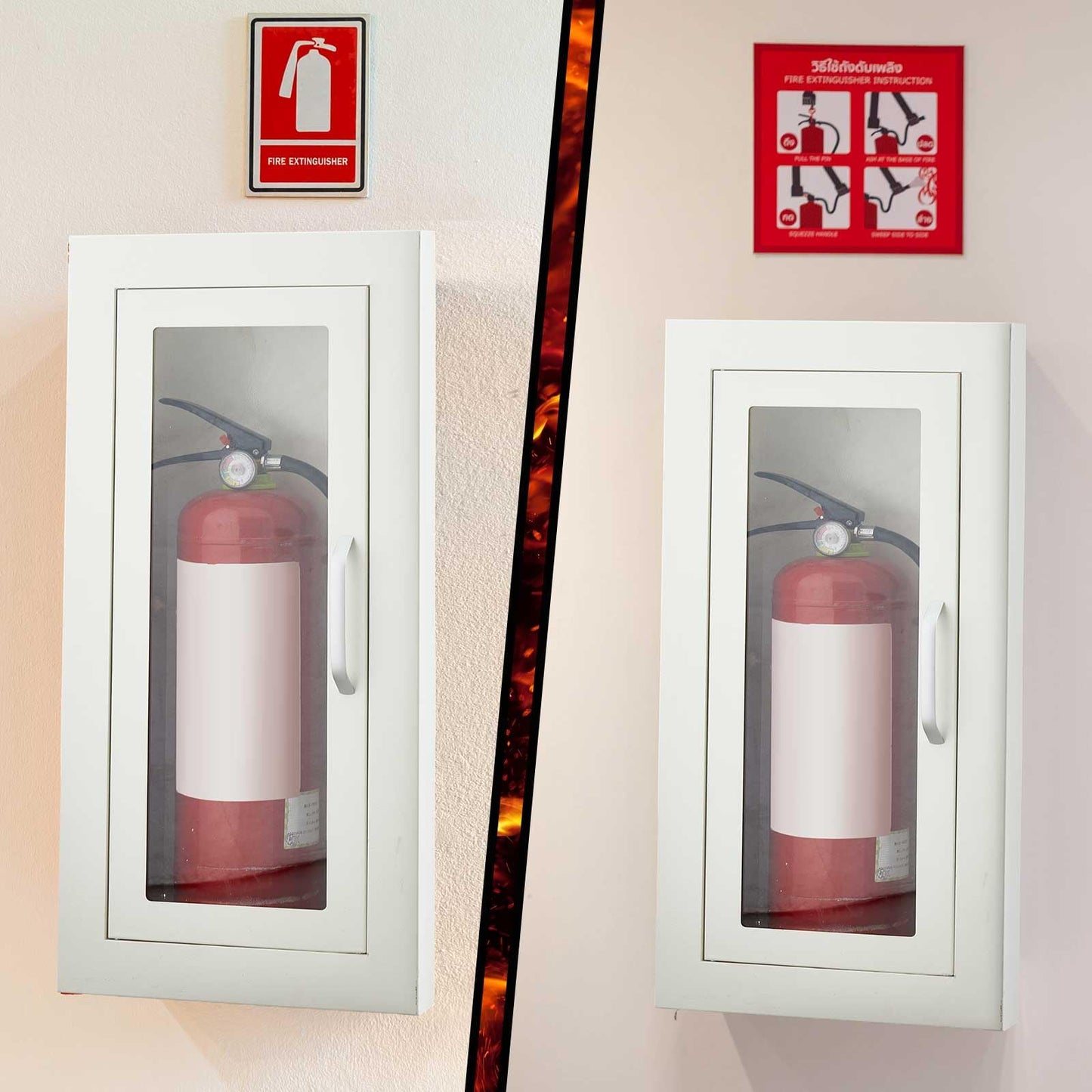 Zonon 4 Pcs Semi Recessed Fire Extinguisher Cabinet Box Steel Recessed Wall Cabinet, Magnetic Door with Handle, Acrylic Window, 2.5 Inch Trim, for 2.5/5/10 lb Dry Chemical Fire Extinguisher (White)