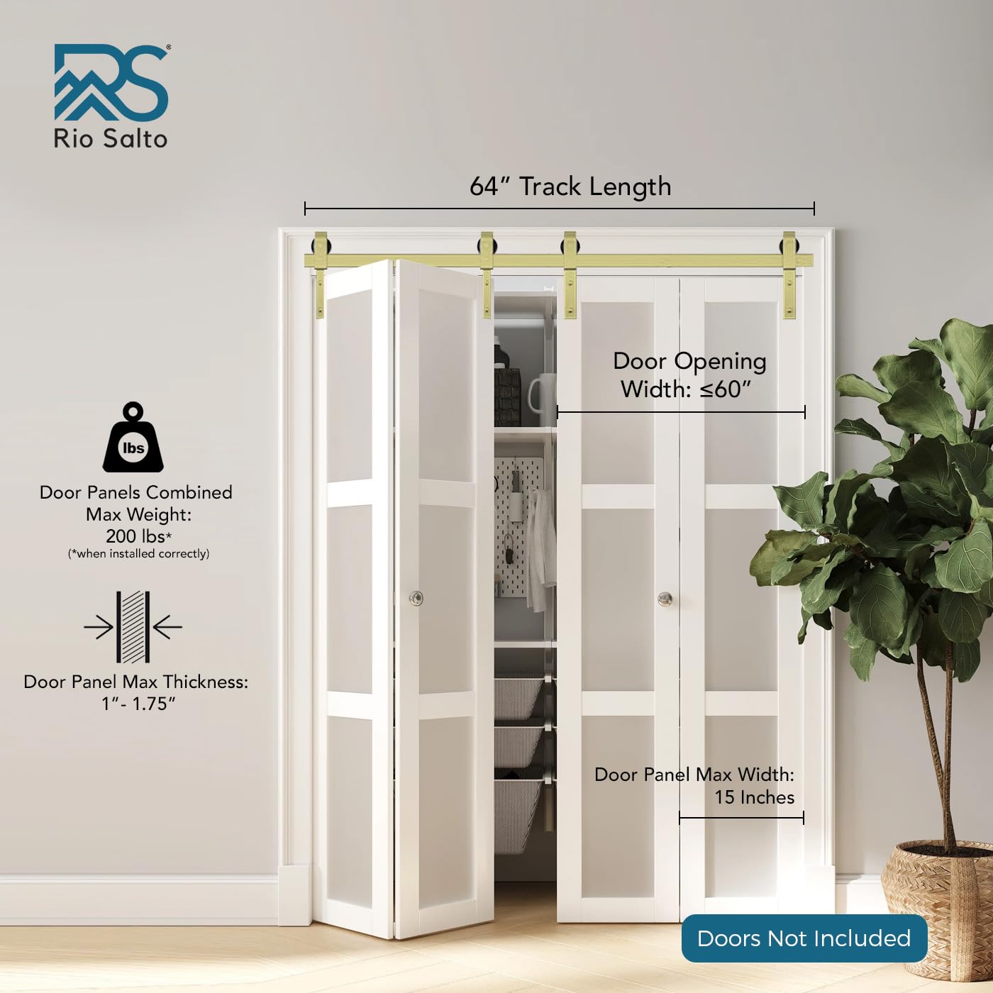 Rio Salto Gold Bifold Barn Door Hardware Kit 64" Closet — Contractor Grade Heavy Gauge Aluminum Sliding Bi Fold Track System for (4) 15" Panels, 4 Rollers with Matching Knobs (Hardware Only)