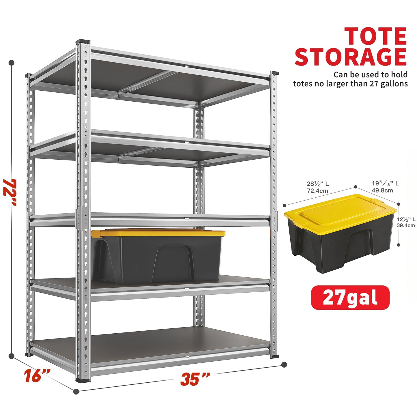 REIBII 2200LBS Heavy Duty Storage Shelves, 5-Tier Adjustable Metal Shelving Unit with Waterproof PP Boards,Garage Storage Rack for Pantry Basement Warehouse,35" W x 16" D x 72" H,Sliver Shelves
