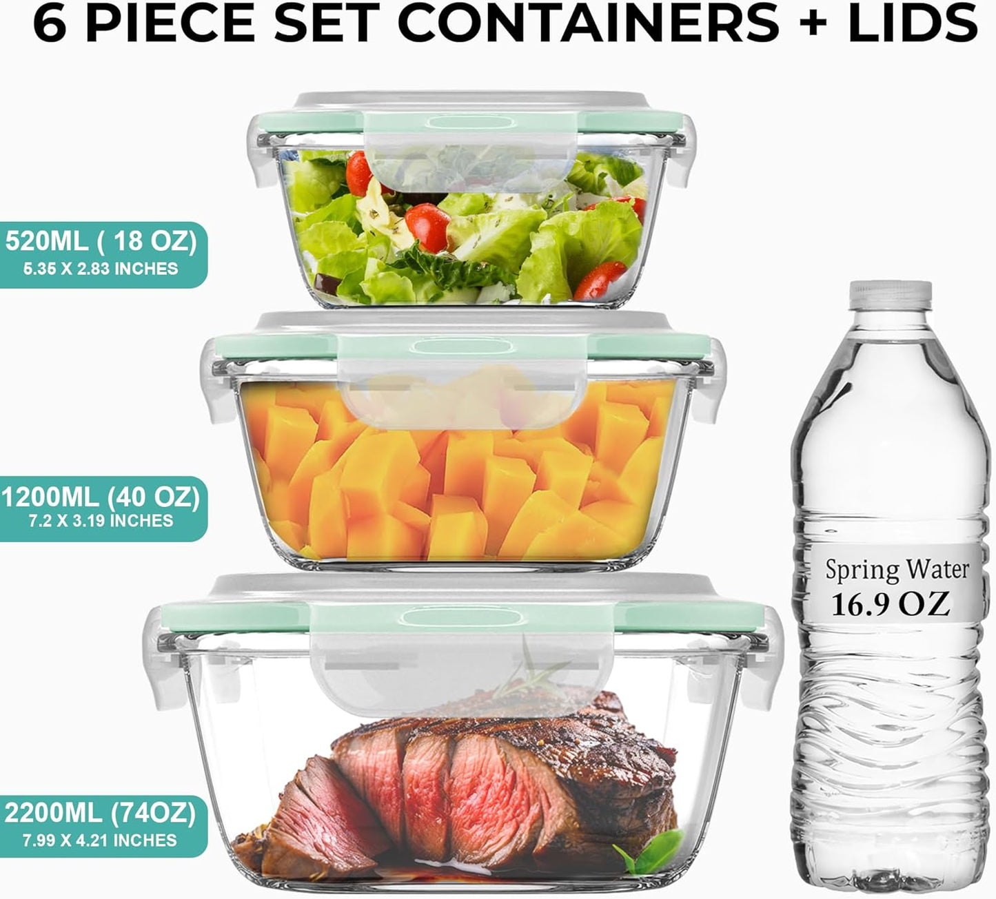 Razab Glass Food Storage Containers Set - 6 PC Airtight Meal Prep Containers | 74, 40 & 18 oz, Freezer Safe