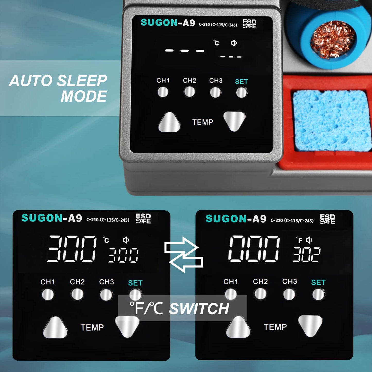 SUGON A9 245 Digital Soldering Station 3 Seconds Fast Heating, 110V Soldering Iron Station of with 6 Integrated Soldering Iron Tips Equipped, 212-842℉, Soldering Iron Replacement Rack,etc