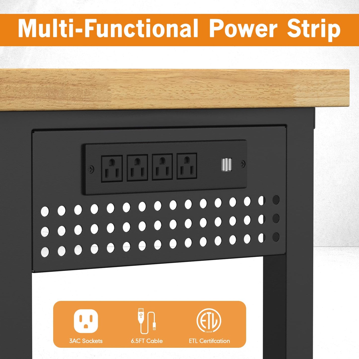 Pelnuies 70" Heavy Duty Solid Wood Work Bench with Pegboard, Adjustable Height Workbench with Wheels and Power Outlets, 2000 LBS Capacity Work Table for Garage, Workshop, Office, Home