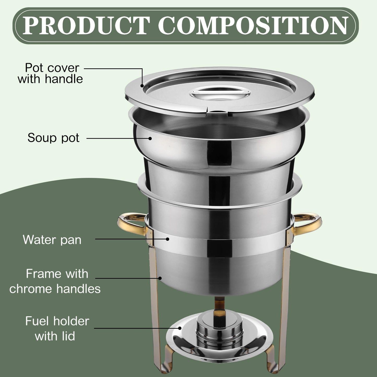 Reallnaive 4 Pack Soup Chafer 11 QT Stainless Steel Round Soup Warmer with Pot Lid and Fuel Holder Commercial Large Marmite Food Warmer for Catering Parties Wedding Banquets Events