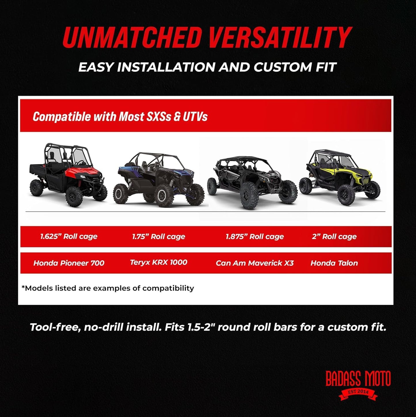 Badass Moto Roll Bar Grab Handles - SXS, ATV, & UTV Grab Handles Grips for 1.5 to 2" Rollbar - Black & Red Hand Grip Grabs with Stainless Steel Buckles for Honda, Teryx, Can-Am, Polaris, More - 2 pack