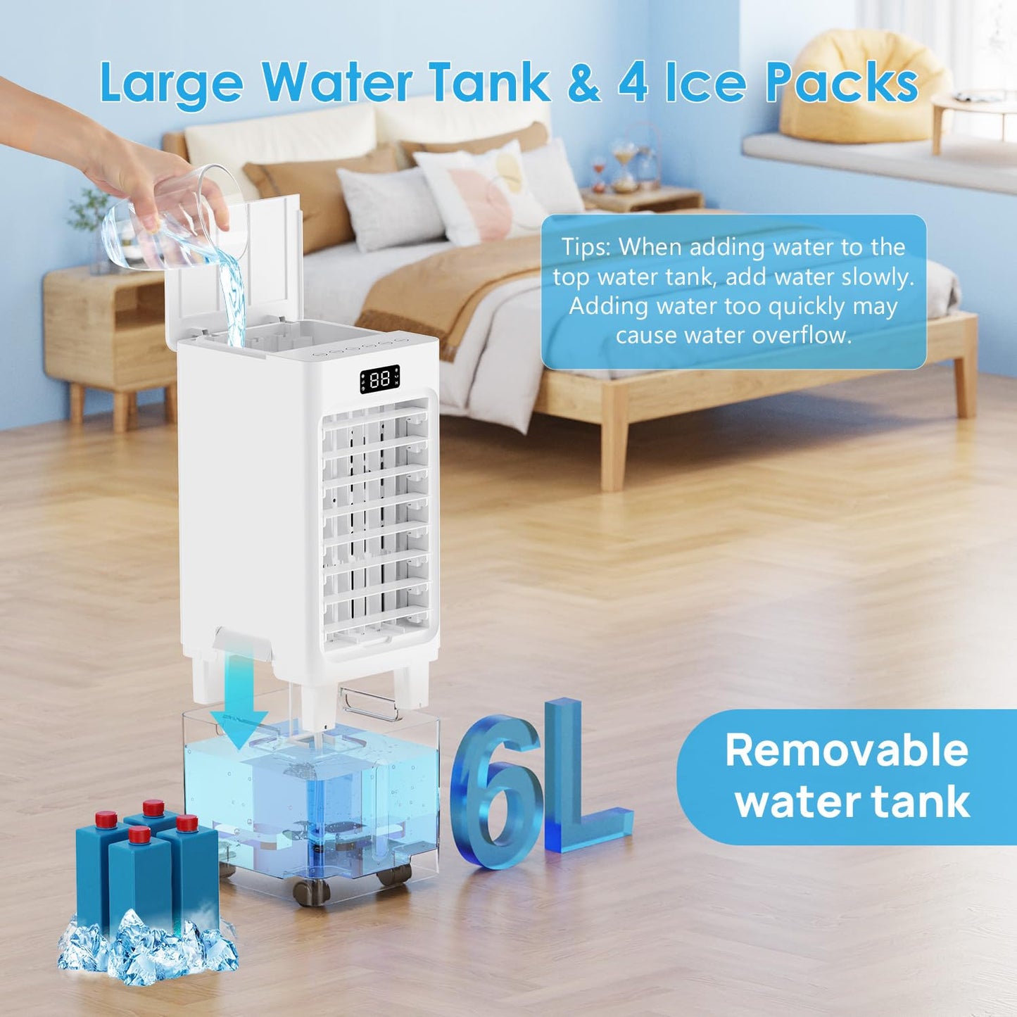 Windowless Portable Air Conditioners, 6L Swamp Cooler, 3-IN-1 Evaporative Air Cooler with 4 Ice Packs, 4 Modes & 3 Speeds, Auto Oscillating, 12H Timer, Remote, Quiet Cooling Fan for Home