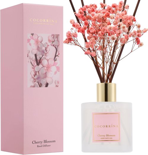 COCORRÍNA Reed Diffuser - Cherry Blossom Scented 6.7 Fl. Oz Set with Sticks & Baby's Breath Decor