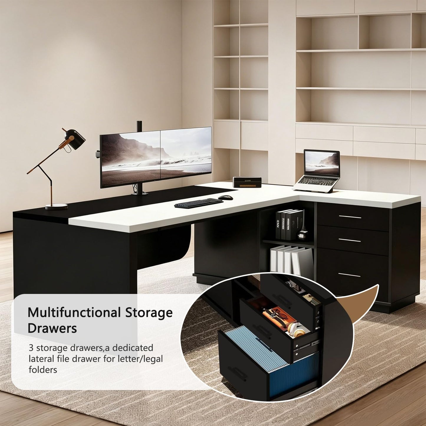 LBCZJYX Executive Desk L Shaped Office Desk with Storage Cabinet, Large Wood Table with Drawers, Cable Grommet & Modesty Panel, Modern Home Office Furniture for Manager Workspace, Multiple Sizes