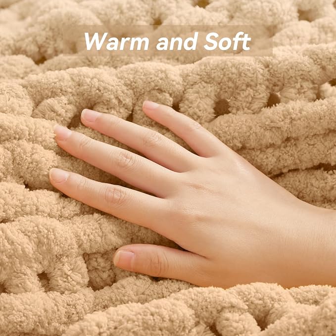 Negwoo Chunky Knit Throw Blanket, 80''*90'' Knitted Throw Chenille Yarn for Bed Couch, Handmade Beige Crochet Big Thick Blanket, Machine Washable Cute Comfy Blanket for Home Decor