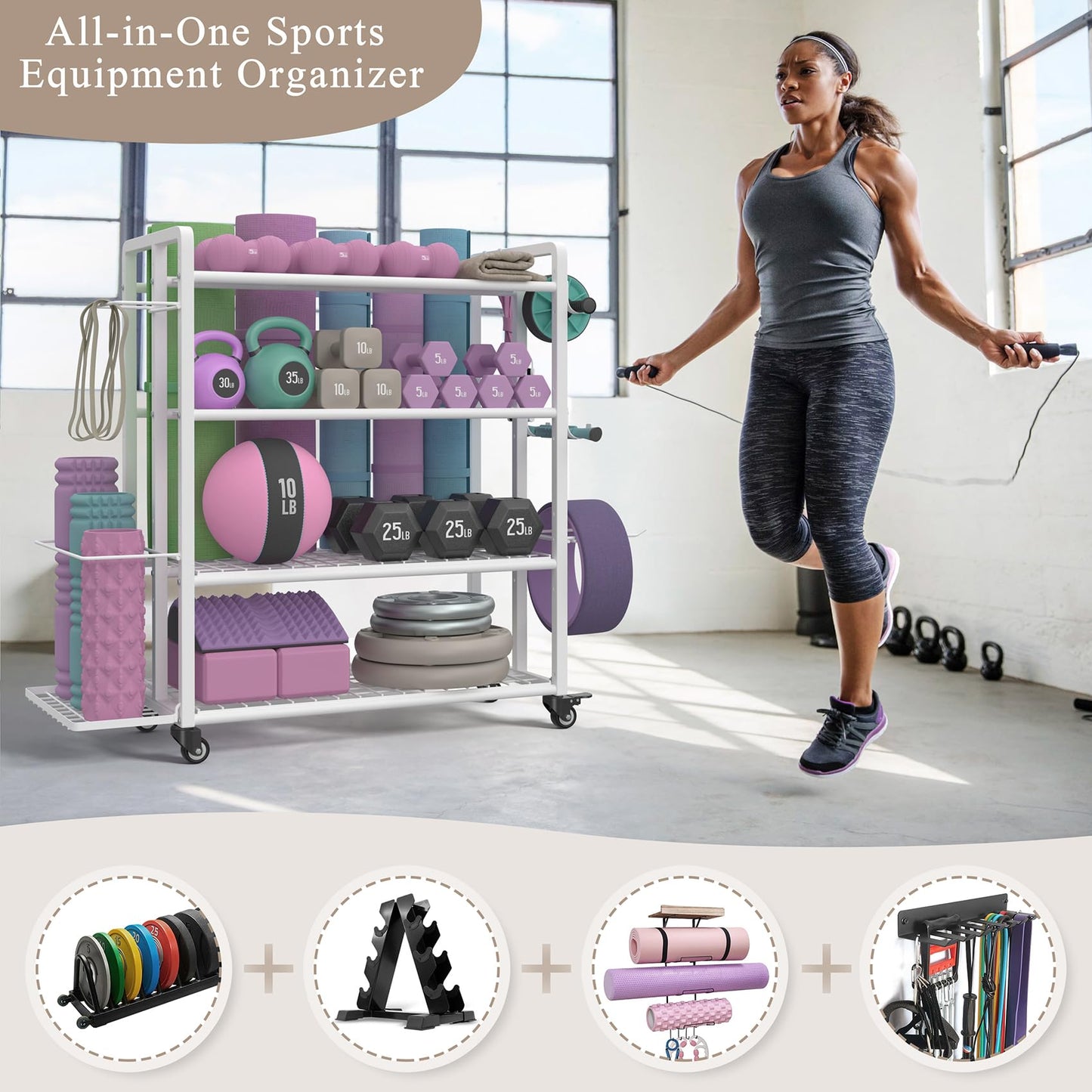 4-Tier Dumbbell Rack Stand Only, 600LB Capacity Adjustable Weight Rack for Dumbbells Kettlebells Yoga Mat, Home Gym Storage Rack with Wheels and Hooks, Powder Coated Finish (Large White)