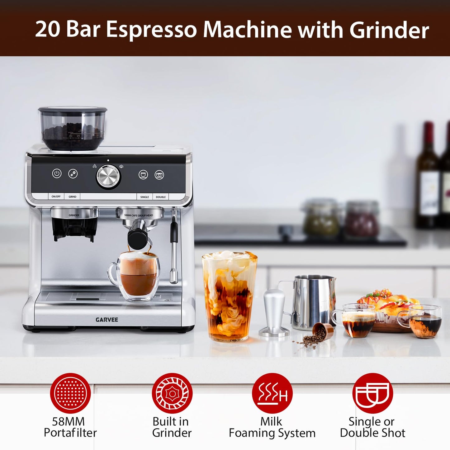 Garvee Espresso Machine, Espresso Machine with Grinder, Brushed Stainless Steel, Espresso Coffee Maker with Milk Frother for Home Barista Commercial Use（White Silver）