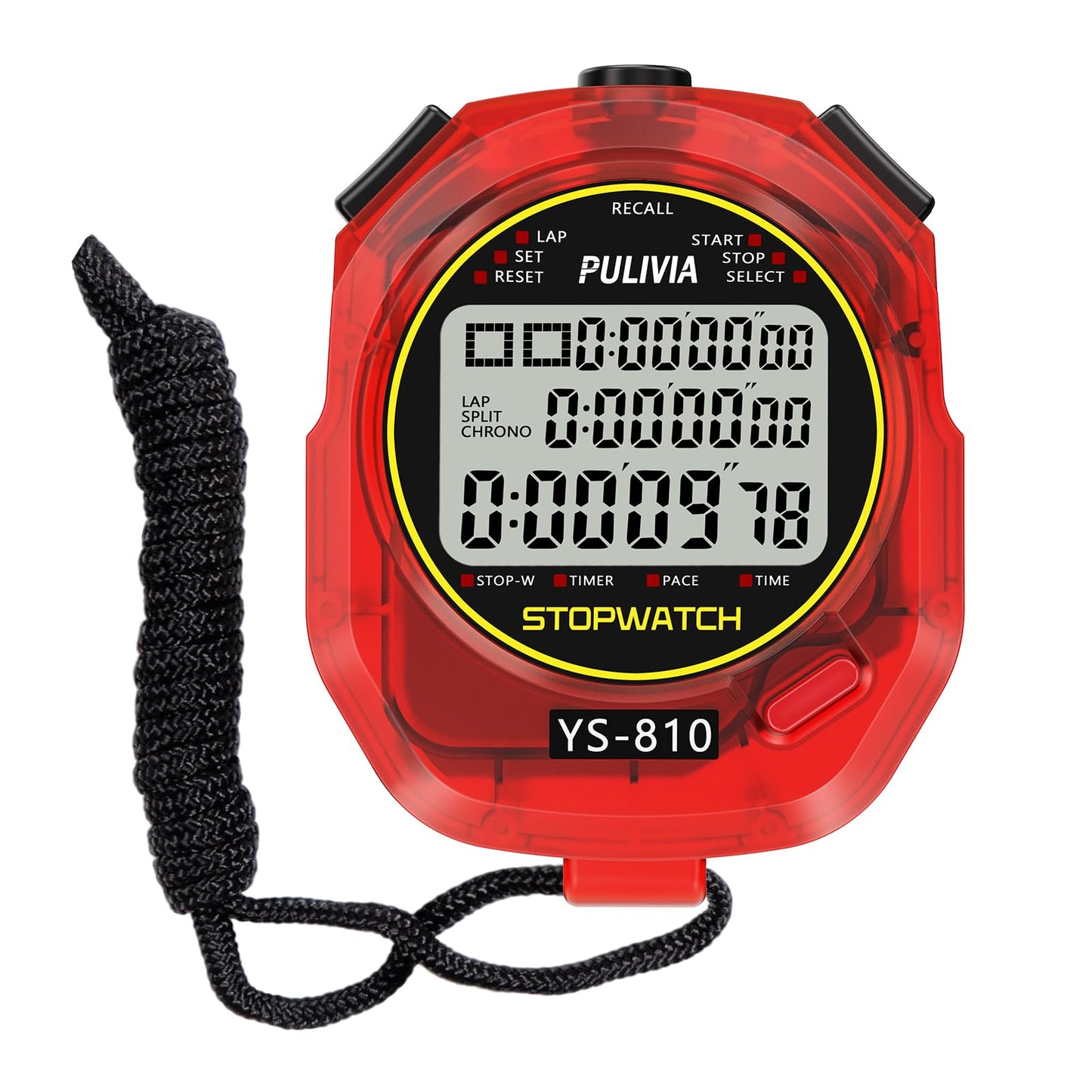PULIVIA Stopwatch Timer 10 Splits/Laps Digital Stop Watch for Sports, Countdown Alarm Clock Date Memory Recall Large Display, Stopwatch for Coaches PE-Teacher Referee (red, 10 Splits/laps)