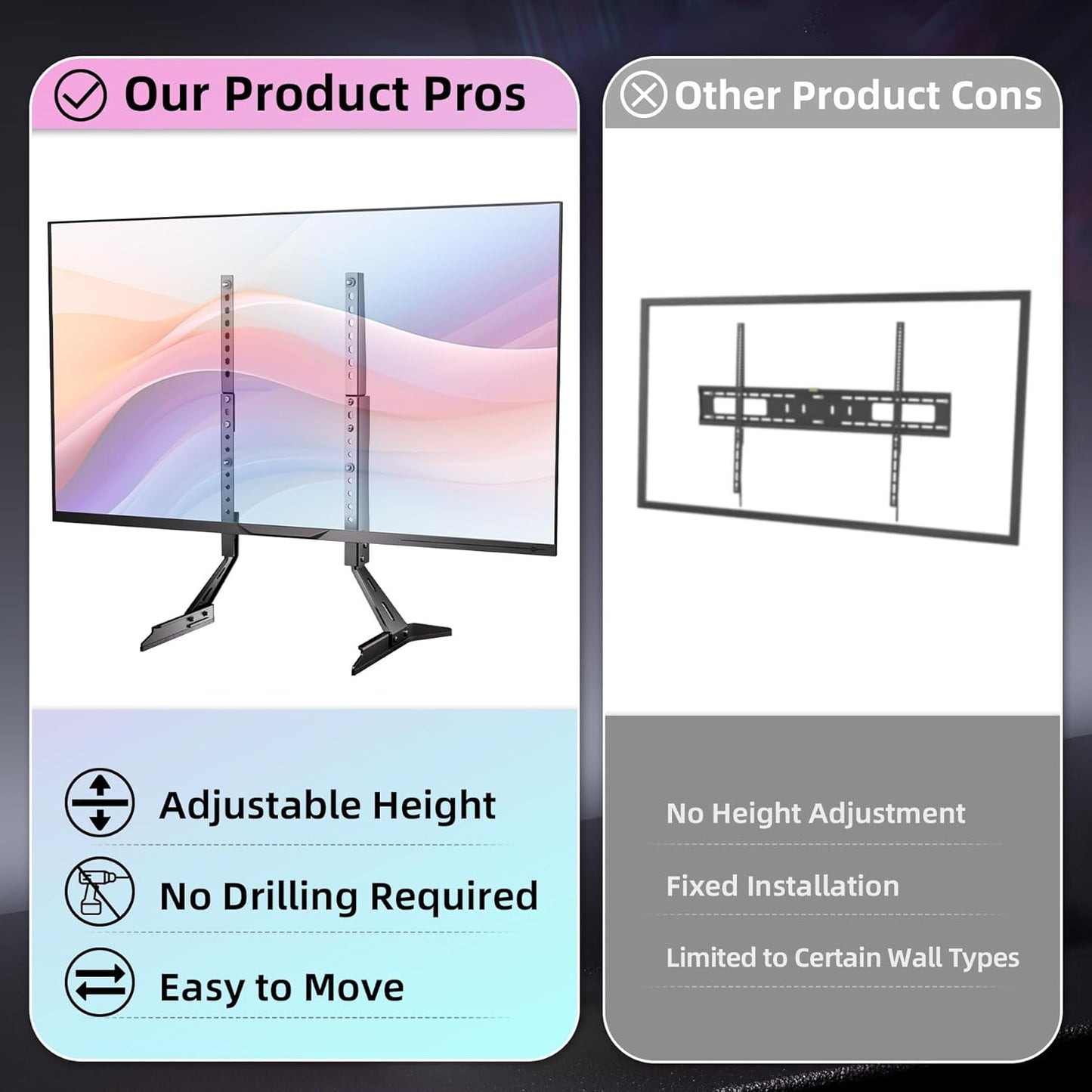 KAMIWI Legs-7 32"-65" 800x400mm 120 LBS Universal TV Stand Base Replacement,Metal TV Level Height Adjustable,Desktop TV