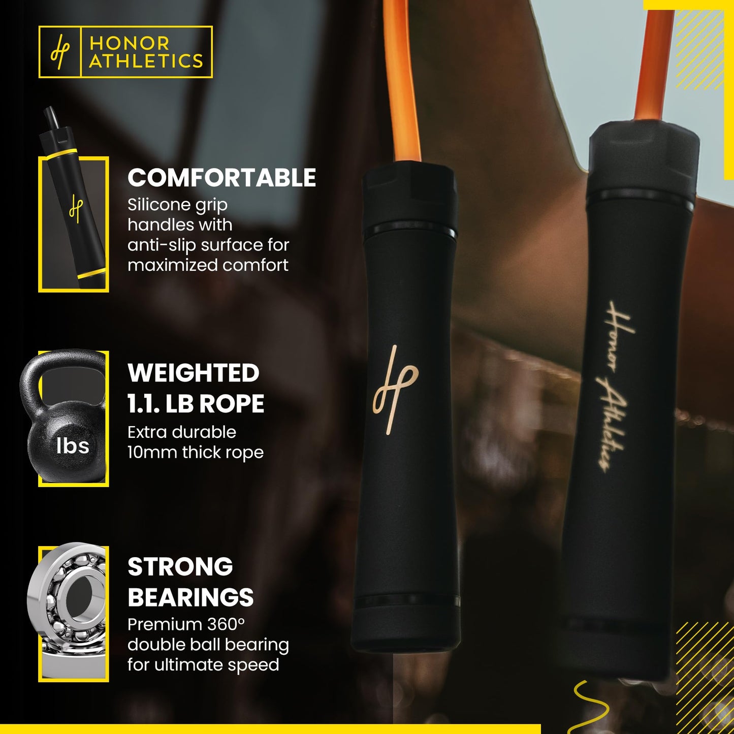 Honor Athletics,WEIGHTED 1.1lb HEAVY Jump Rope for High-Intensity and Strength Training,Adjustable 10ft PVC Rope with Ergonomic Grip, Ball Bearing, and Fitness,Designed for Adults and Kids (Black)