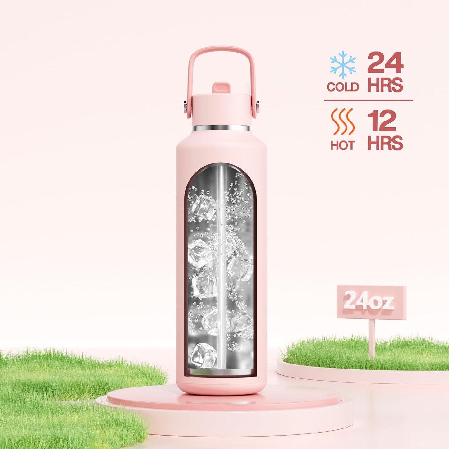 POWCAN 24 oz Insulated Water Bottle - Leakproof, Keeps Drinks Cold 24H | Lightweight Metal with Straw (Cotton Candy)