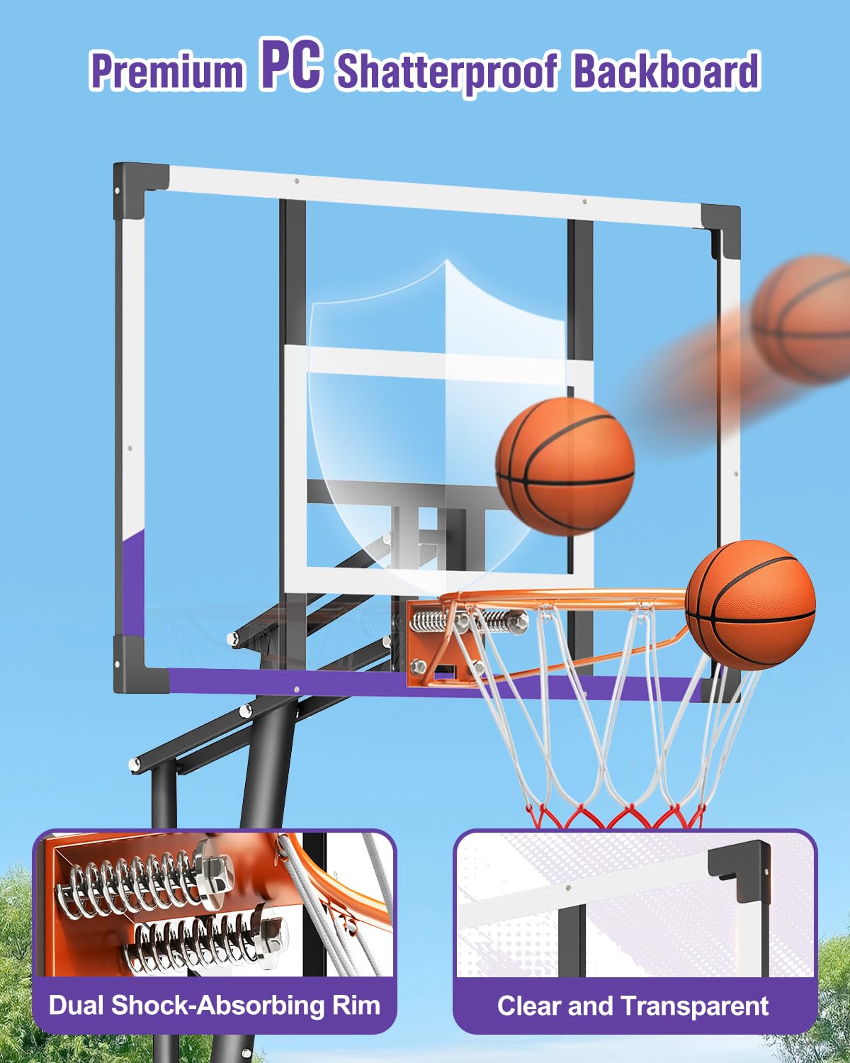 TONBUX Basketball Hoop Outdoor 44 Inch Shatterproof PC Backboard, 5.25-10FT Stepless Adjustable Height, Portable Basketball Hoop for Kids/Teens/Adults in Backyard, Driveway and Indoor