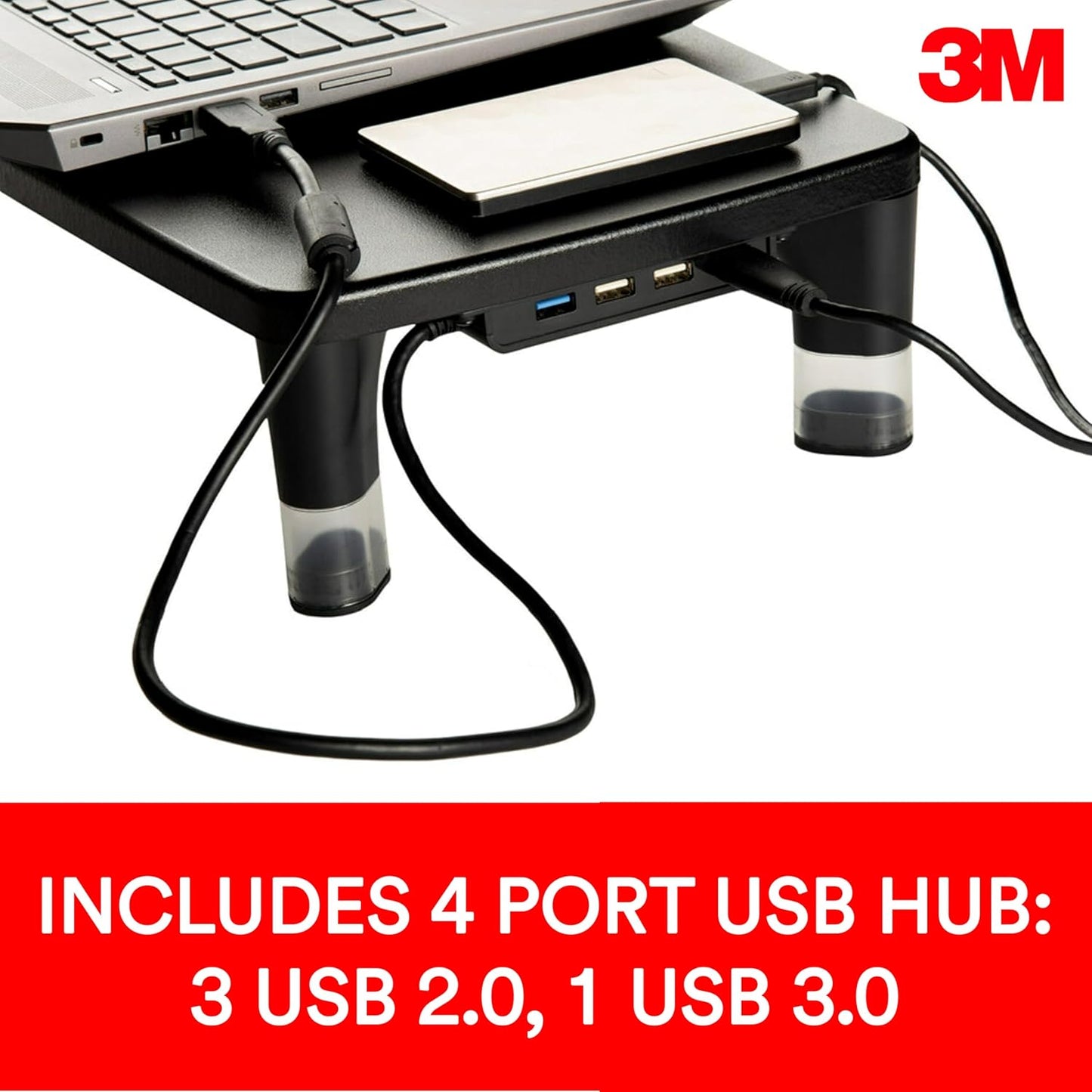 3M 4-Port Adjustable Monitor Stand with USB Hub, Black, Great for Computer Monitors, Laptops, TVs, Speakers, Printers