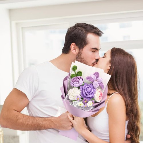 FUCAN Crochet Flowers,Finished Bouquet Crocheted Cotton Thread Flowers, Handmade Crochet Rose Tulip Fern Leaf as a Gift for Lover, Friends. Artificial Flower (Purple)
