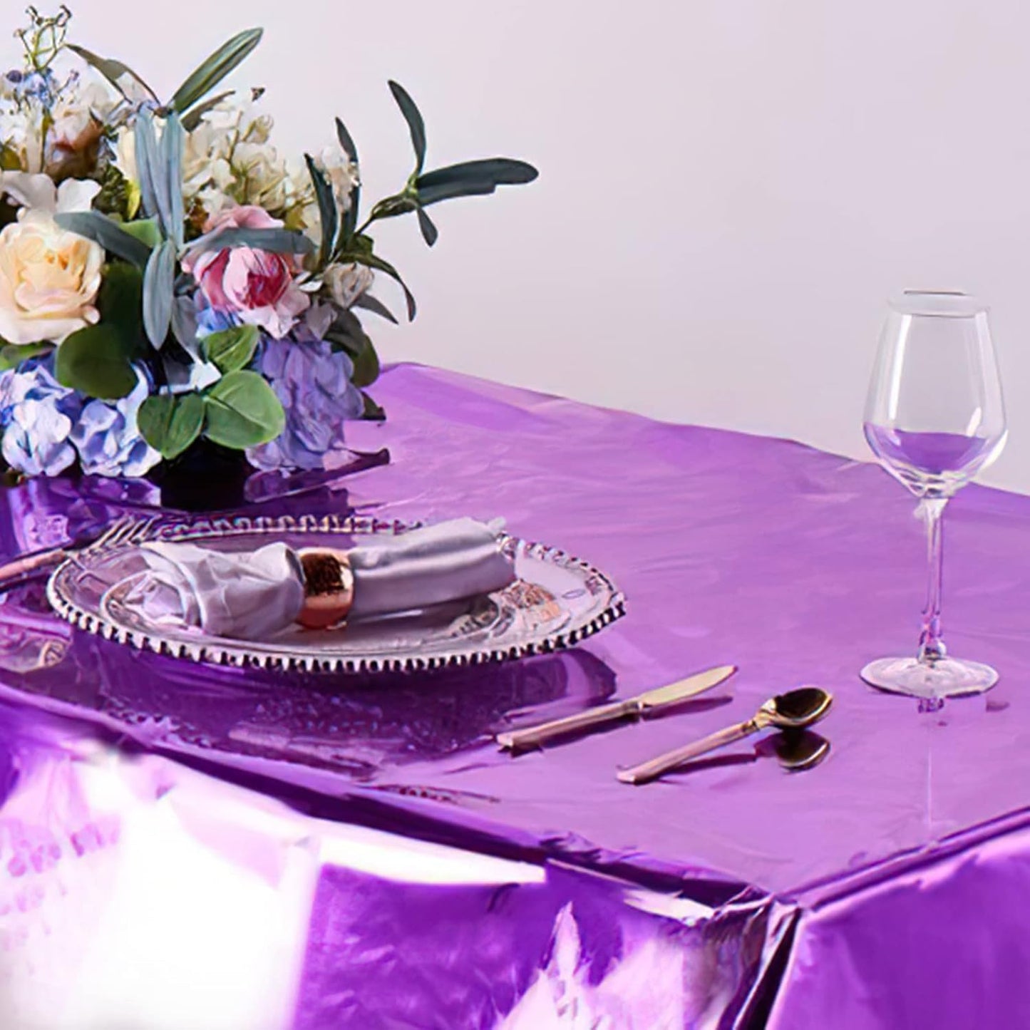 PartyWoo Purple Foil Tablecloth - 3 Pack 54 x 108 Inch Waterproof Metallic Cover for Events