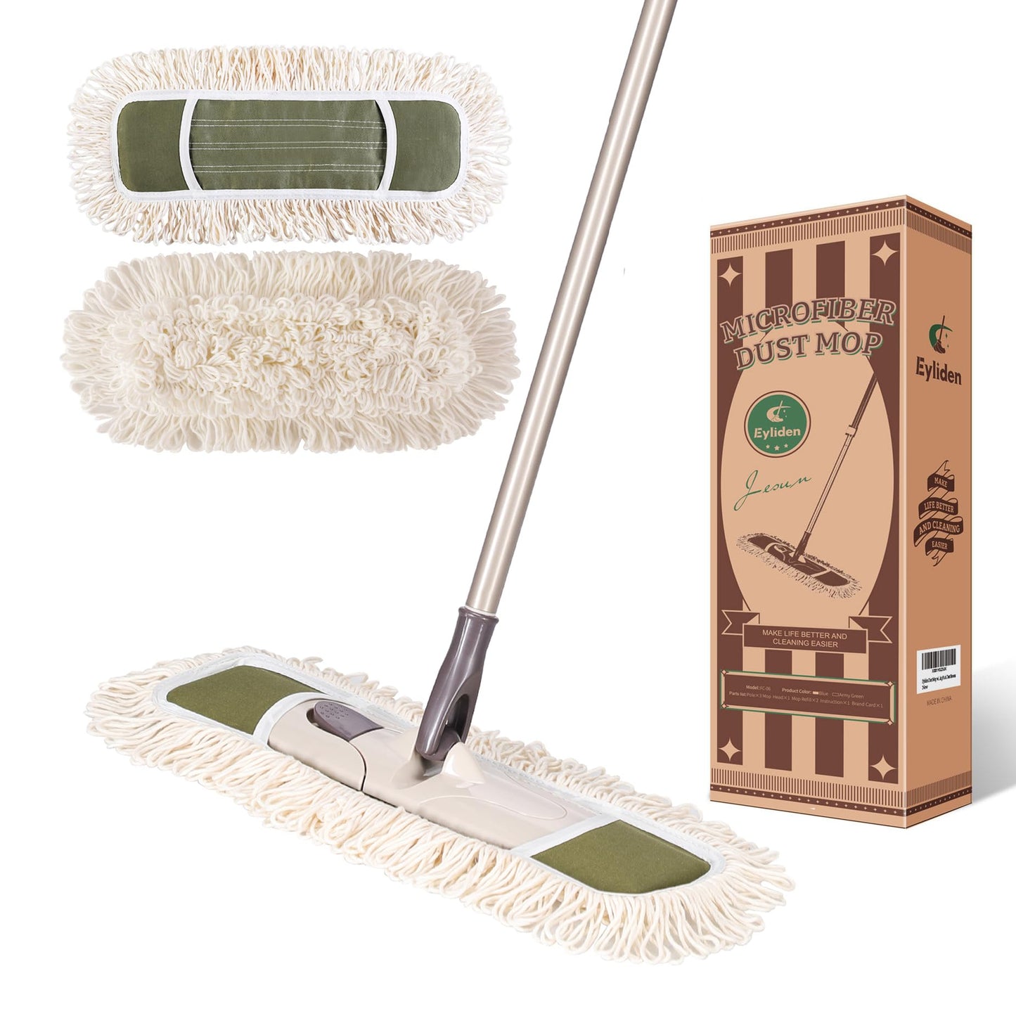 Eyliden Dust Mop with 2 Washable Pads for Hardwood & Tile Floors | 32.9"-52.6" Adjustable Handle, 360° Swivel, One-Touch Pad Release | Wet Dry Floor Cleaning Push Broom