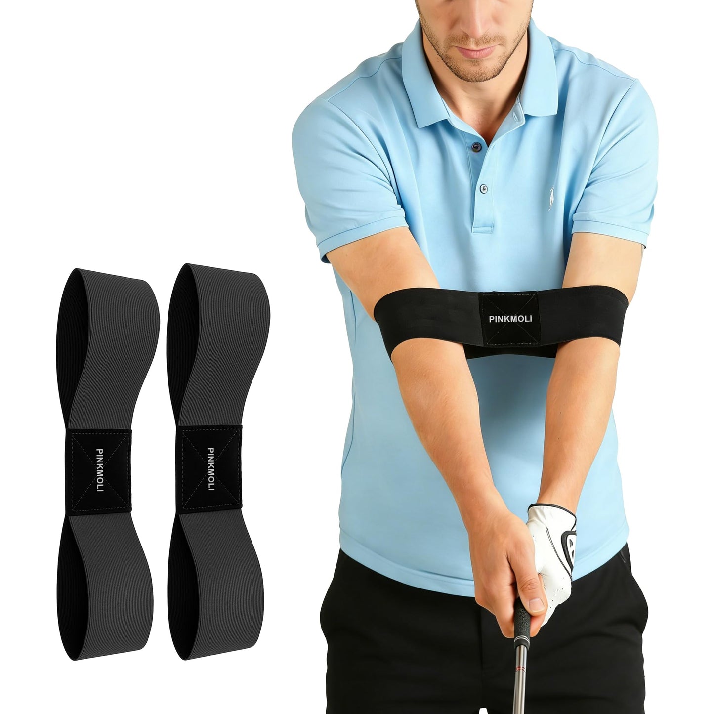 PINKMOLI 2 Pack Golf Swing Training Aid Swing Correcting Arm Band for Muscle Memory & Body Connection – Golf Trainer for Beginners, Left/Right-Handed Players (Black)