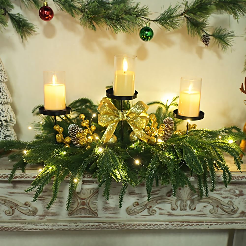 Skiennix Christmas Centerpiece - Elegant Candle Holders with Golden Glitter Bow & Pine Cones | 27.6" Table Decoration