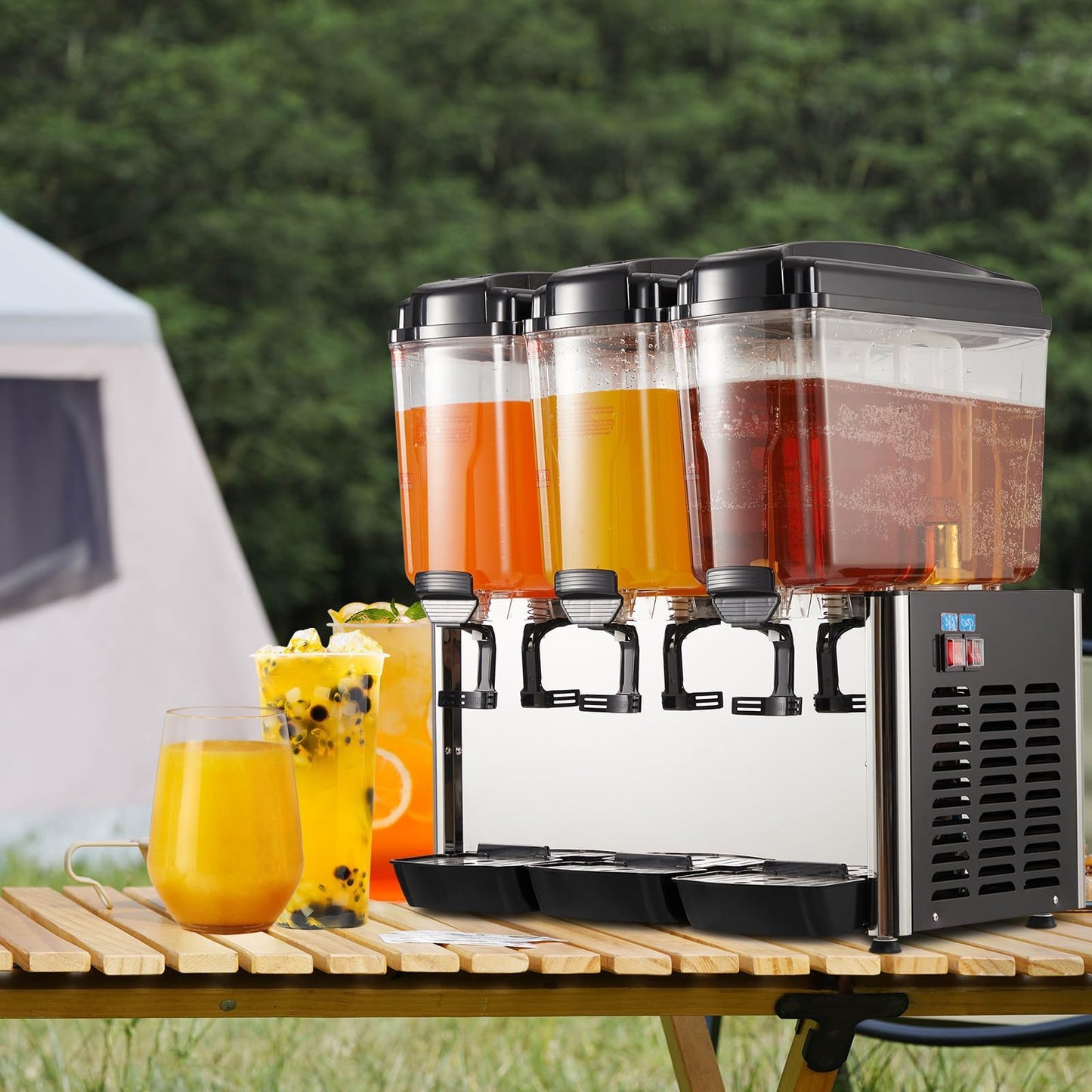 EliteEdge Stainless Steel Commercial Beverage Dispenser with Thermostat Control, 3-Tank 9.6 Gallon Capacity for Lemonade, Coffee, and Cold Drinks, Suitable for Home or Hospitality Use