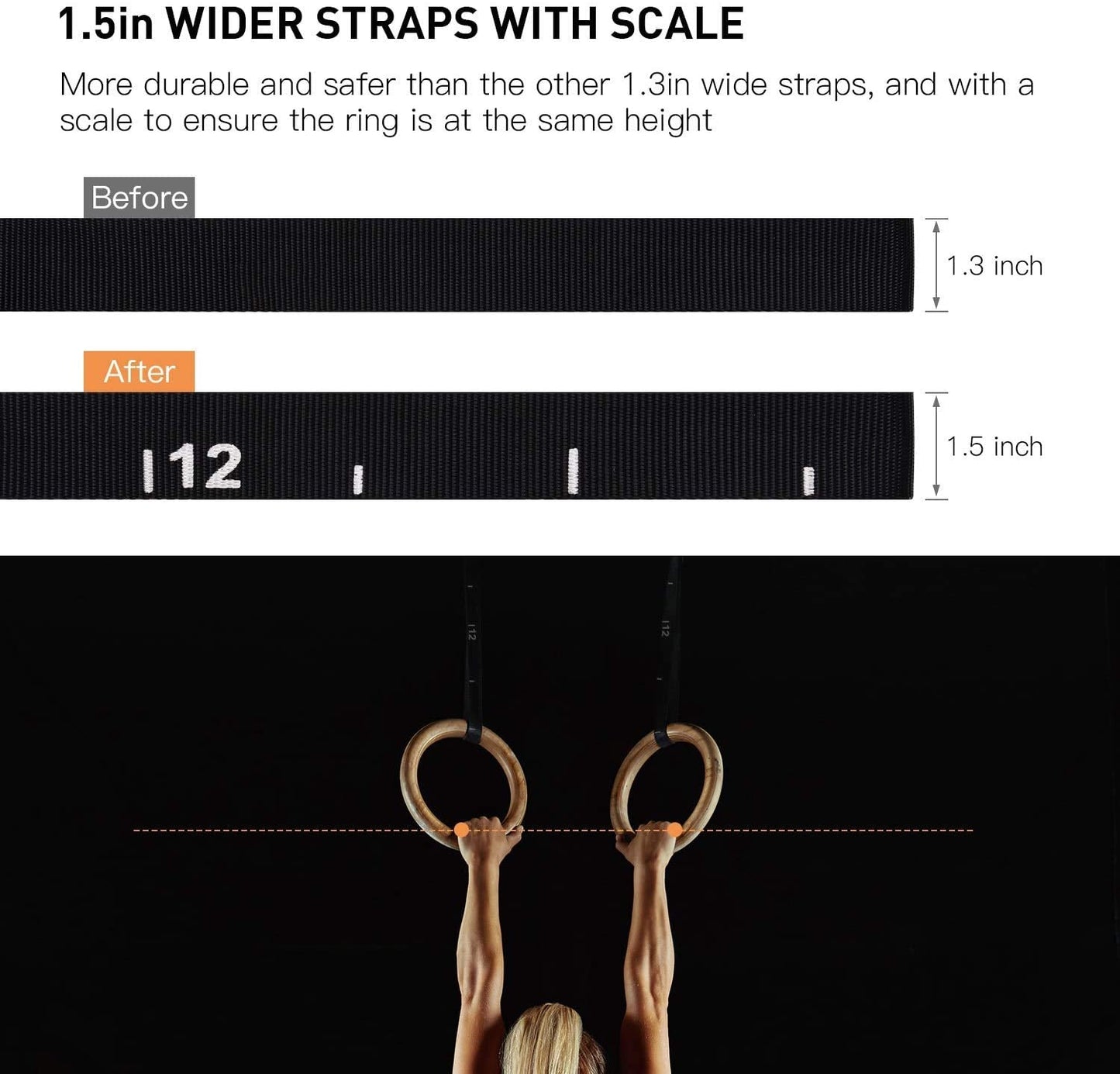 PACEARTH Gymnastics Rings Wooden Olympic Rings 1500/1000lbs with Adjustable Cam Buckle 14.76ft/9ft Long Straps with Scale Non-Slip Gym Rings for Home Gym Full Body Workout