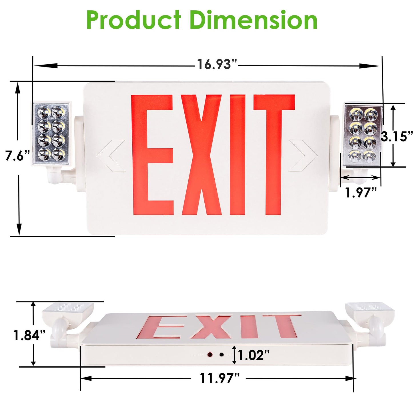 Gruenlich LED Combo Exit Sign, Emergency Light with 2 Adjustable Heads and Double Face, Back Up Batteries- US Standard Red Letter EXIT, UL 924 Qualified, 120-277 Voltage, 4-Pack