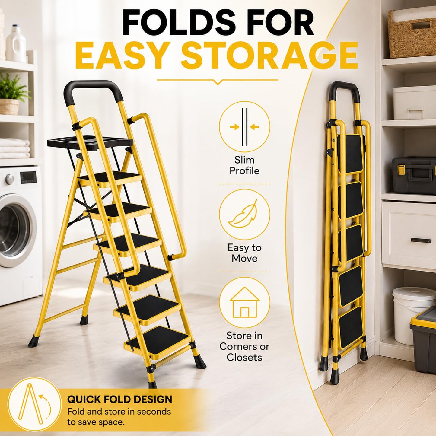 6 Step Ladder with Platform, 330 Lbs Load Heavy Steel Duty Step Ladders, Portable Safety Step Stool with Pedals, Handrail, for Multi-Purpose, Home, Kitchen
