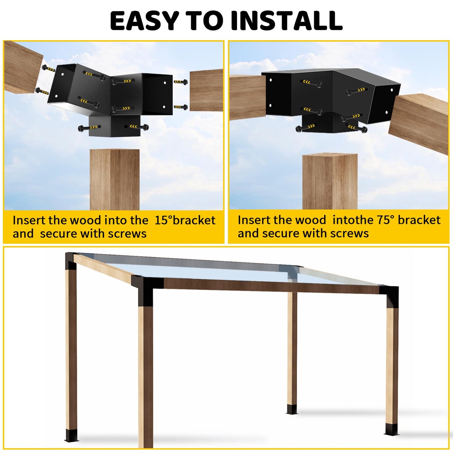DEVALLEY 3-Way Slant Angle Pergola Brackets Kit,15 Degree UP & 75 Degree Down Right Corner Woodwork Brackets for 4" x 4" (Actual:3.5"x3.5") Lumber for Patio Pergolas,Gazebos,Log Cabin - 4 Pack……