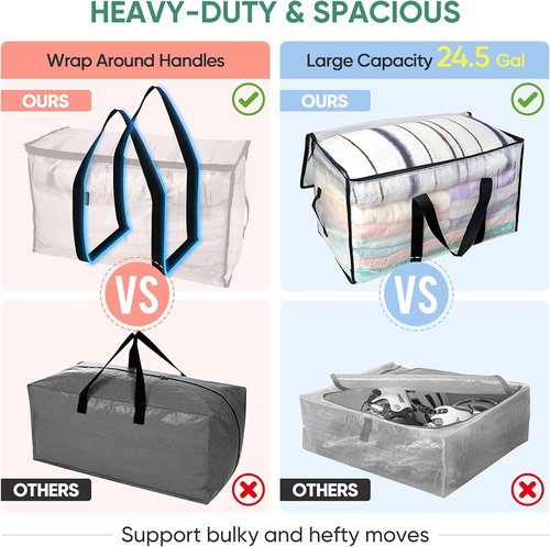 BALEINE Oversized Moving Bags - Heavy-Duty Storage Totes with Reinforced Handles | Clear, 16-Pack