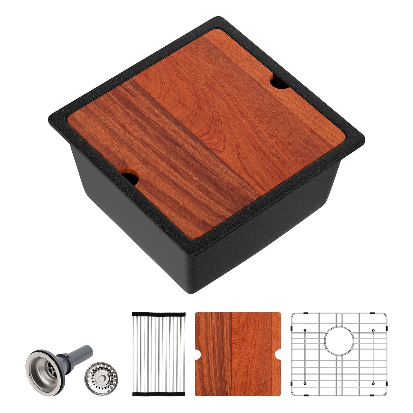 Dcolora 18"x18" Matte Black Bar Sink, Quartz Composite Single Bowl Prep Sink for Small Kitchen, Wet Bar and Kitchen Island, Dual Mount Drop In Undermount Sink with Full Size Wood Cutting Board