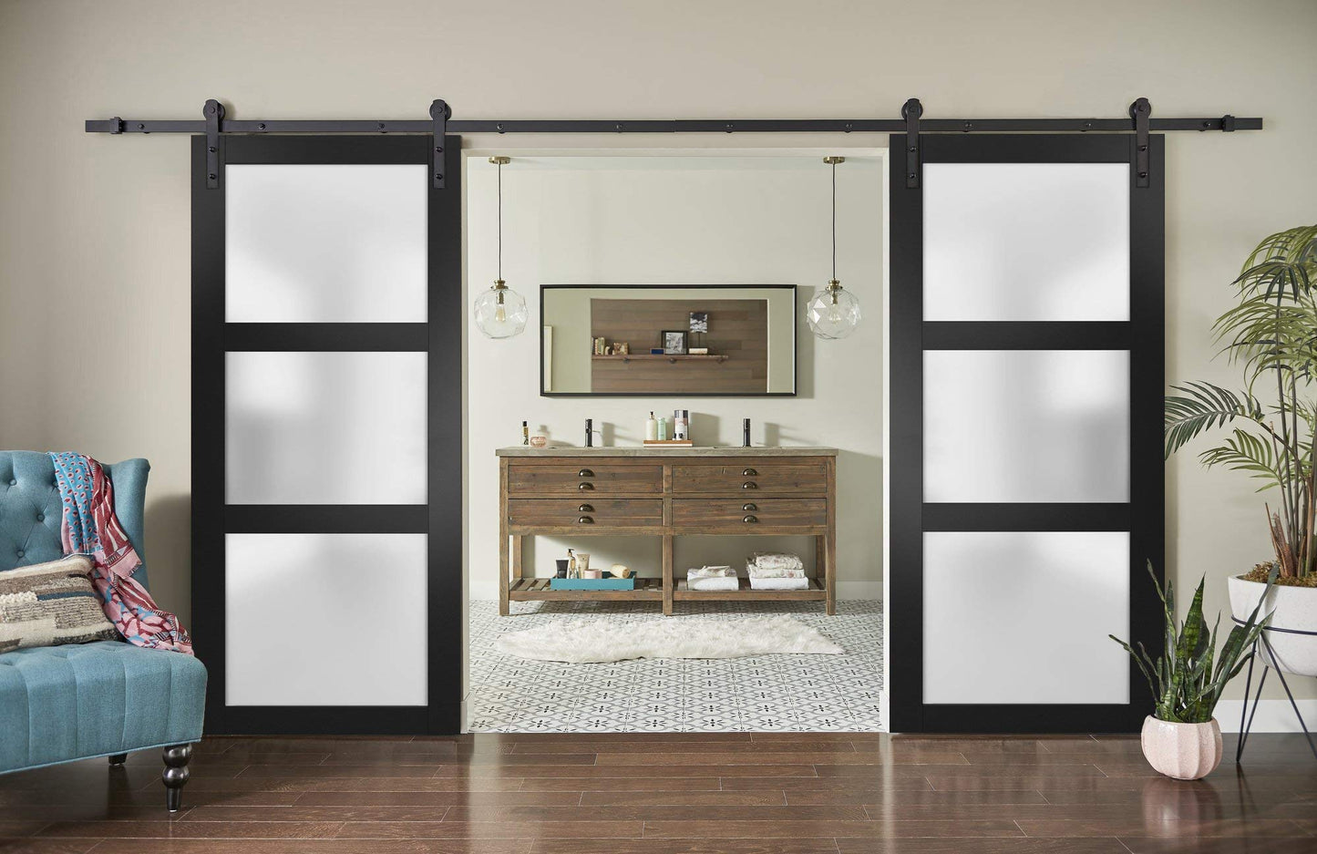 SARTODOORS Sturdy Double Barn Door with Frosted Glass | Lucia 2552 Black Matte | 13FT Rail Hangers Heavy Set | Solid Panel Interior Doors-48" x 80" (2 * 24x80)-Frosted Glass-Black Rail