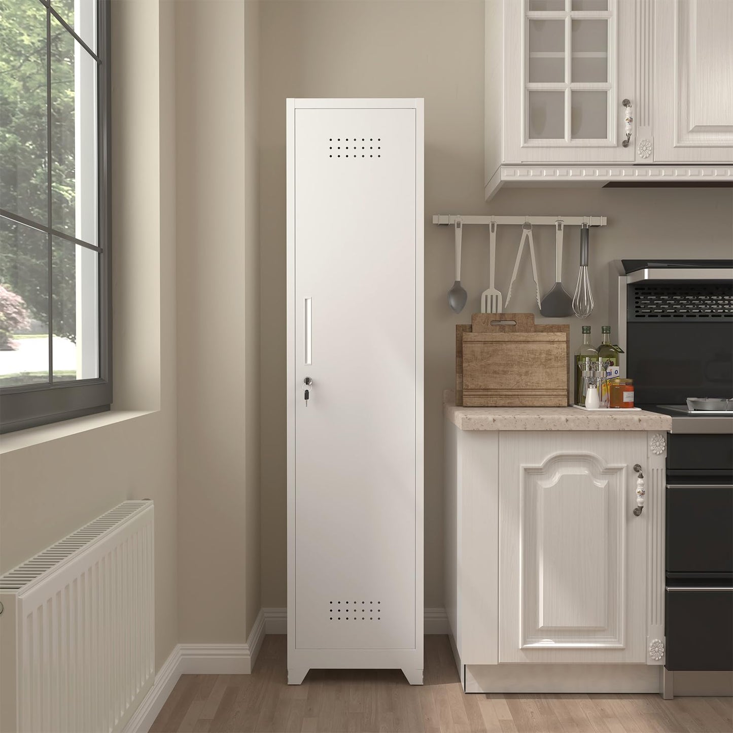 STEELIST Slim Broom Storage Cabinets, Metal Cabinet with Shelves and Hanging Rod, 15.75" W Utility Storage Cabinet with Locking Door, Slim Cabinet for Small Spaces, Kitchen, Pantry, Office, Shop