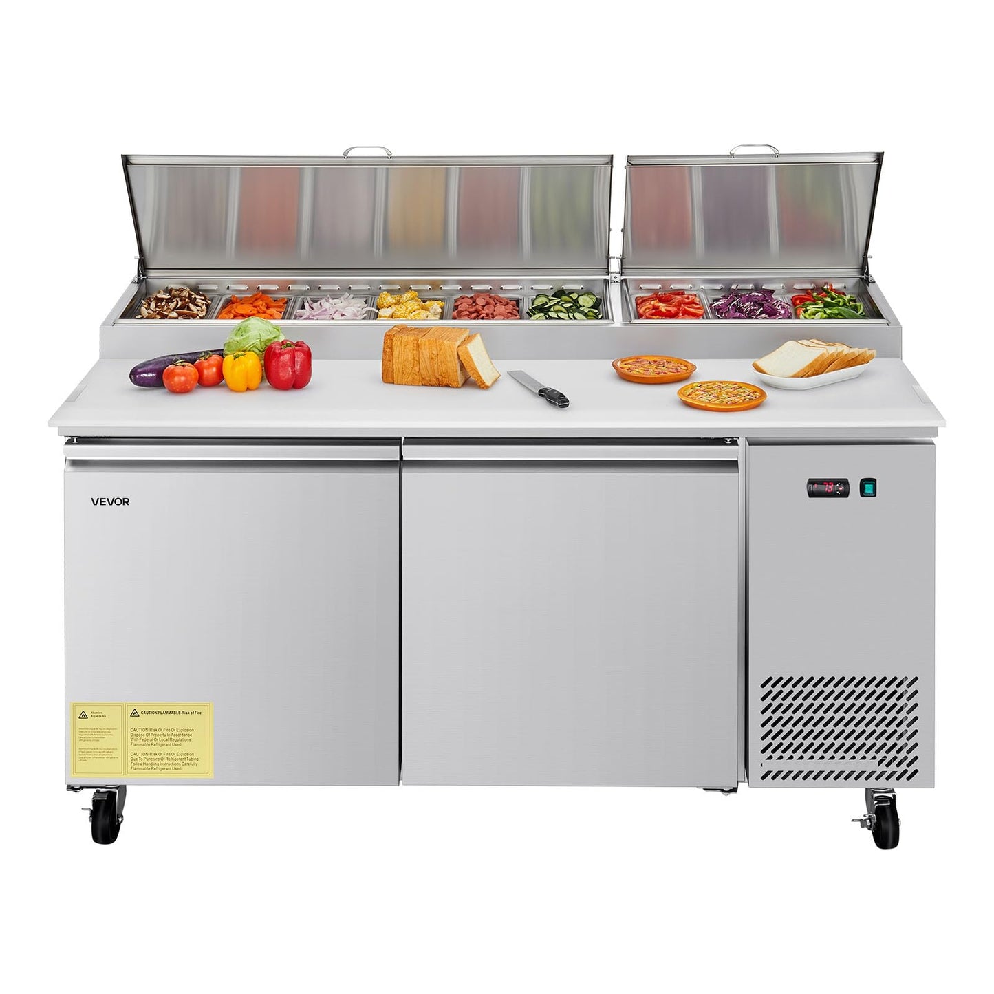 VEVOR 67"W Commercial Refrigerator, Pizza Prep Refrigerated Table, 19.3" Ultra Wide Countertop Food Prep Fridge, 20.3 Cu.Ft Single Door Salad Prep Fridge, 9 Pans Pizza Make Worktop with Cutting Board