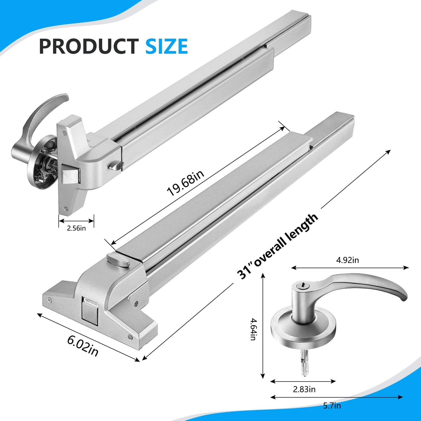 Commercial Door Push Bar Panic Exit Device with Exterior Lever - 31.5”/80cm Stainless Steel Panic Bars for Exit Doors, Emergency Exit Panic Door Hardware for 32”-48” Wood Metal Door, Silver