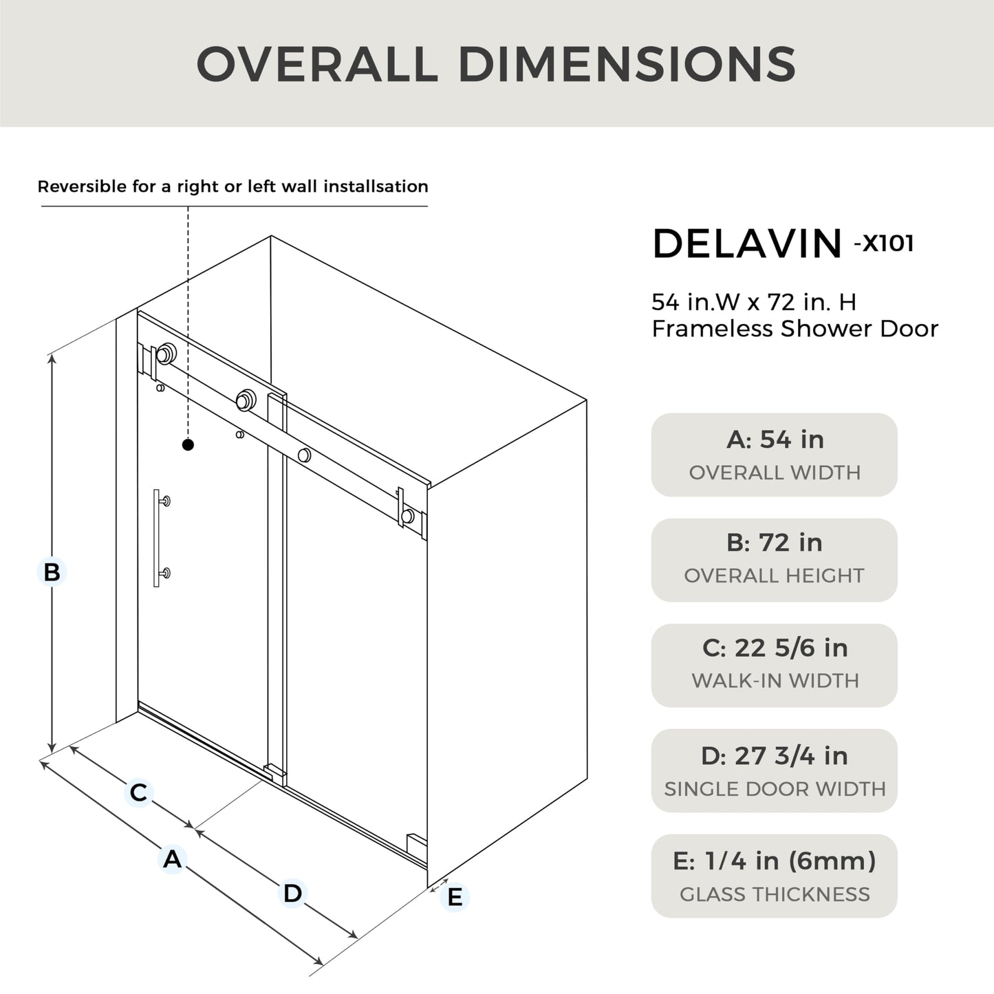 DELAVIN 50-54.in W x 72.in H Frameless Shower Door, Water Repellent Black Shower Door with Clear SGCC Tempered Glass, Easy Sliding Showe Door with Explosion-Proof Film, Stainless Steel Guide Rail
