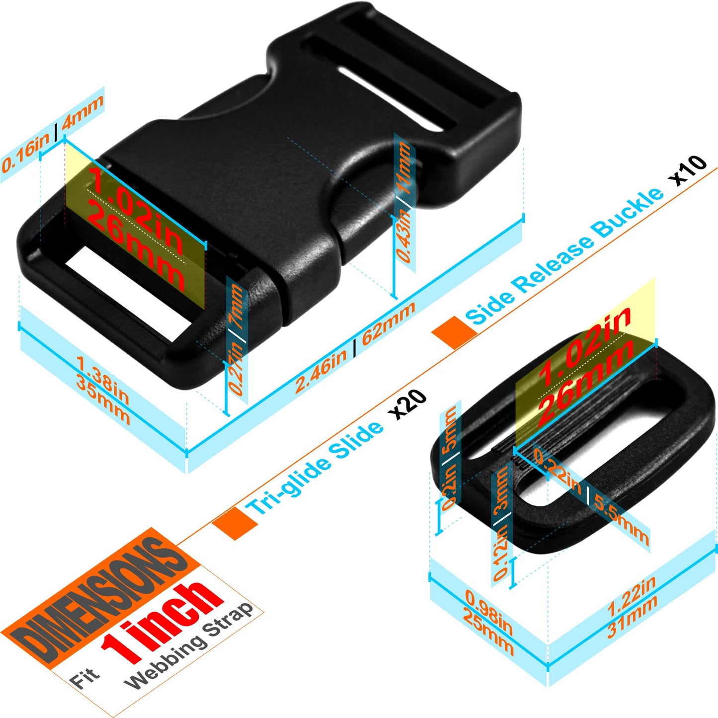 LASIGHT Buckles for 1 inch Wide Webbing Straps: Quick Side Release Buckle 10 set and Tri-Glide Slide 20 pcs Fit 1" Nylon Web Belt, Plastic Snap Fastener Clip Heavy Duty Replacement Dual Adjustable