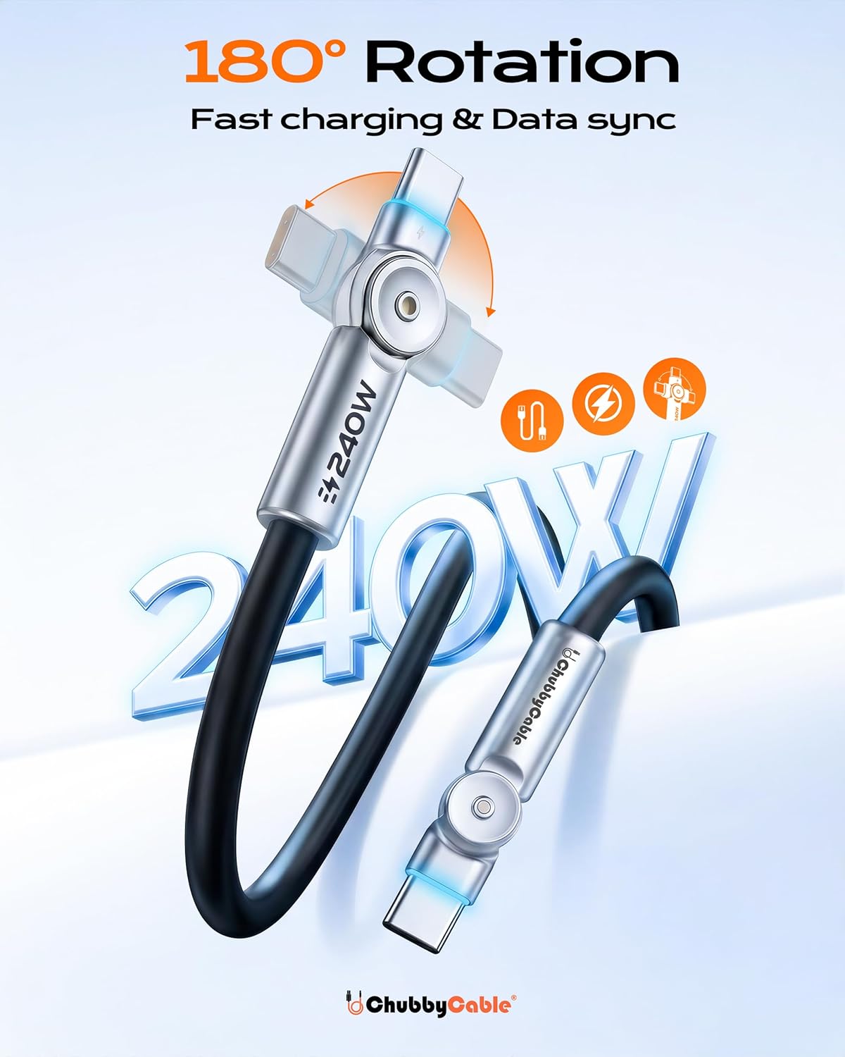 240W 180 3.3ft chubbycable Chubby RotateX Dual Rotating Fast Charging Cable with LED Light Soft Silicone USB C Cable