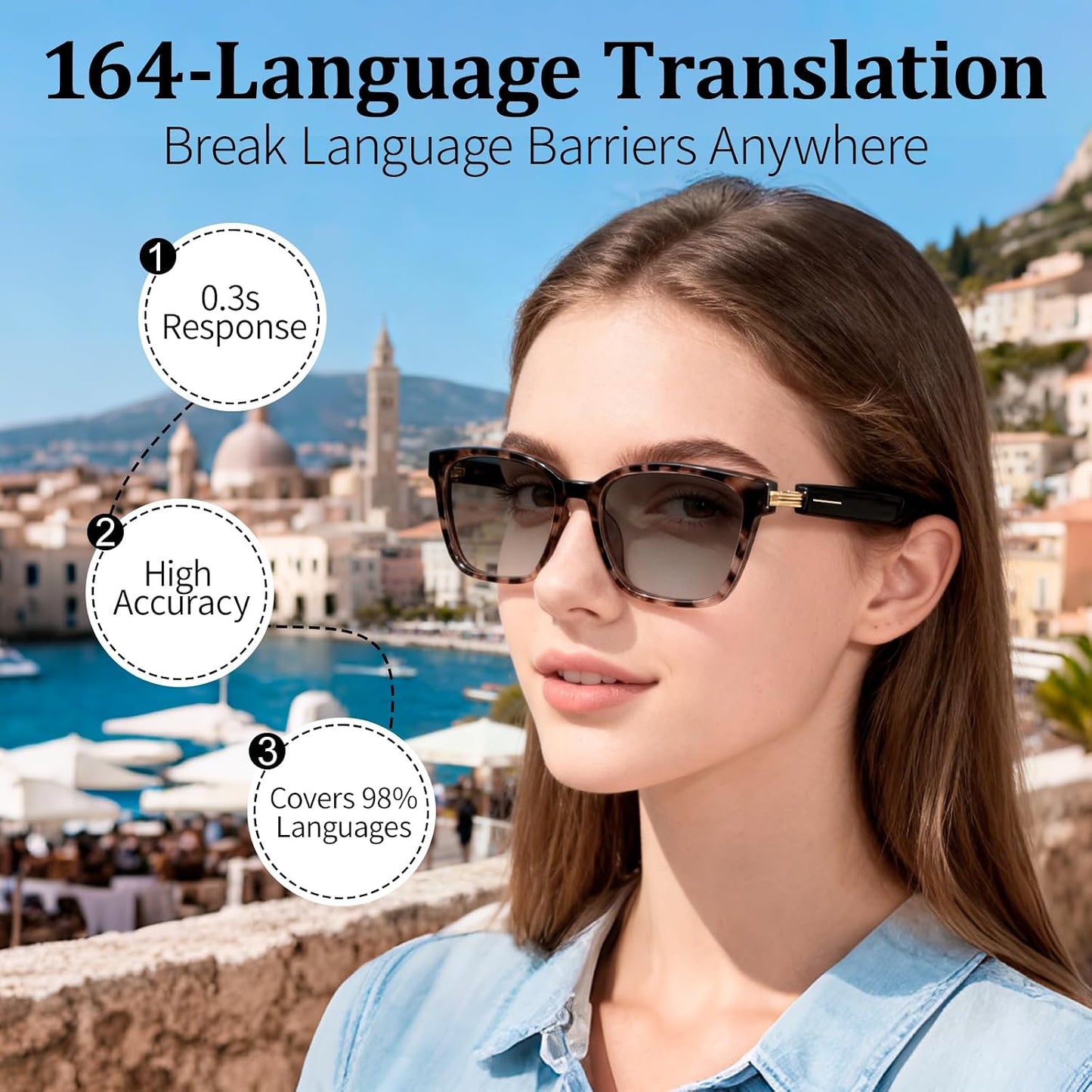 loangyunfone AI Smart Glasses with Real-Time Translation & Voice Assistant Bluetooth Sunglasses with Noise-Cancelling