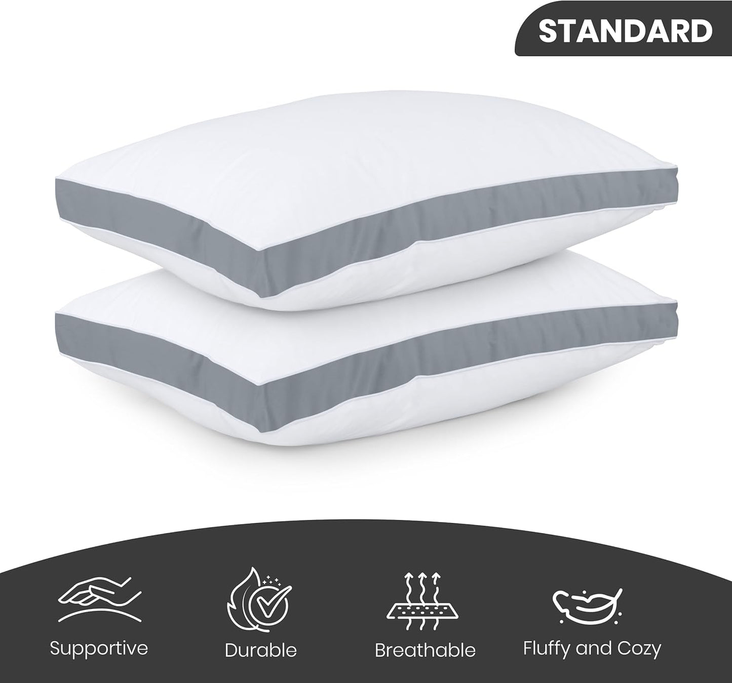 Utopia Bedding Bed Pillows - Soft & Fluffy Down Alternative | Standard Size, Set of 2, Grey