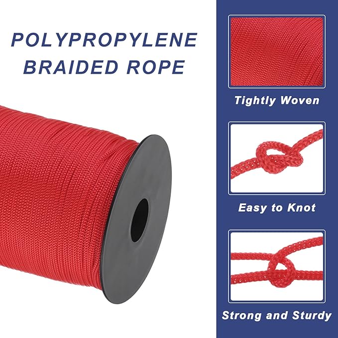 MECCANIXITY 1/8 Inch Polypropylene Rope Braided Ropes, 328ft Nylon Rope Hollow Utility Cord for Clothesline, Camping, Hiking, Outdoor, Red