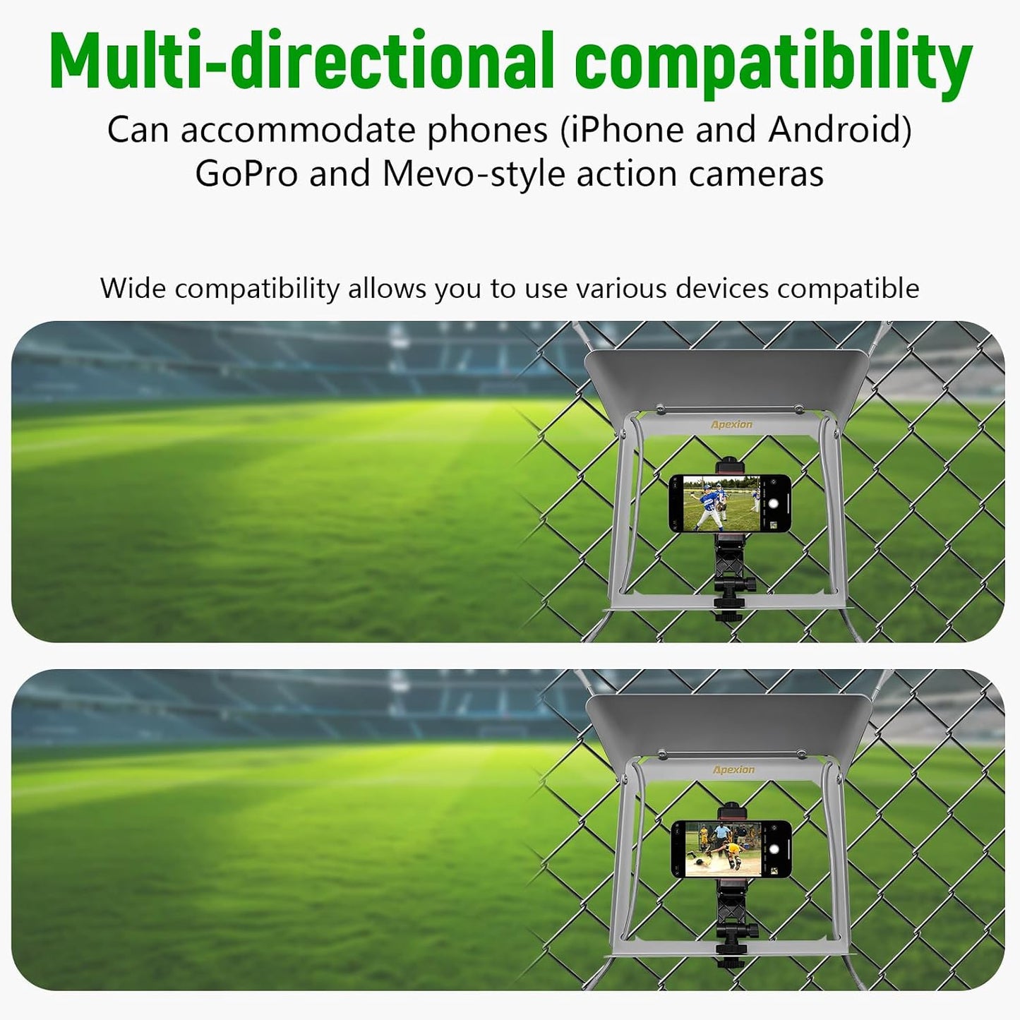 Apexion Baseball Training Equipment, Phone Stabilizer, Game Changer Fence Mount, Universal with Sunshade, Streaming