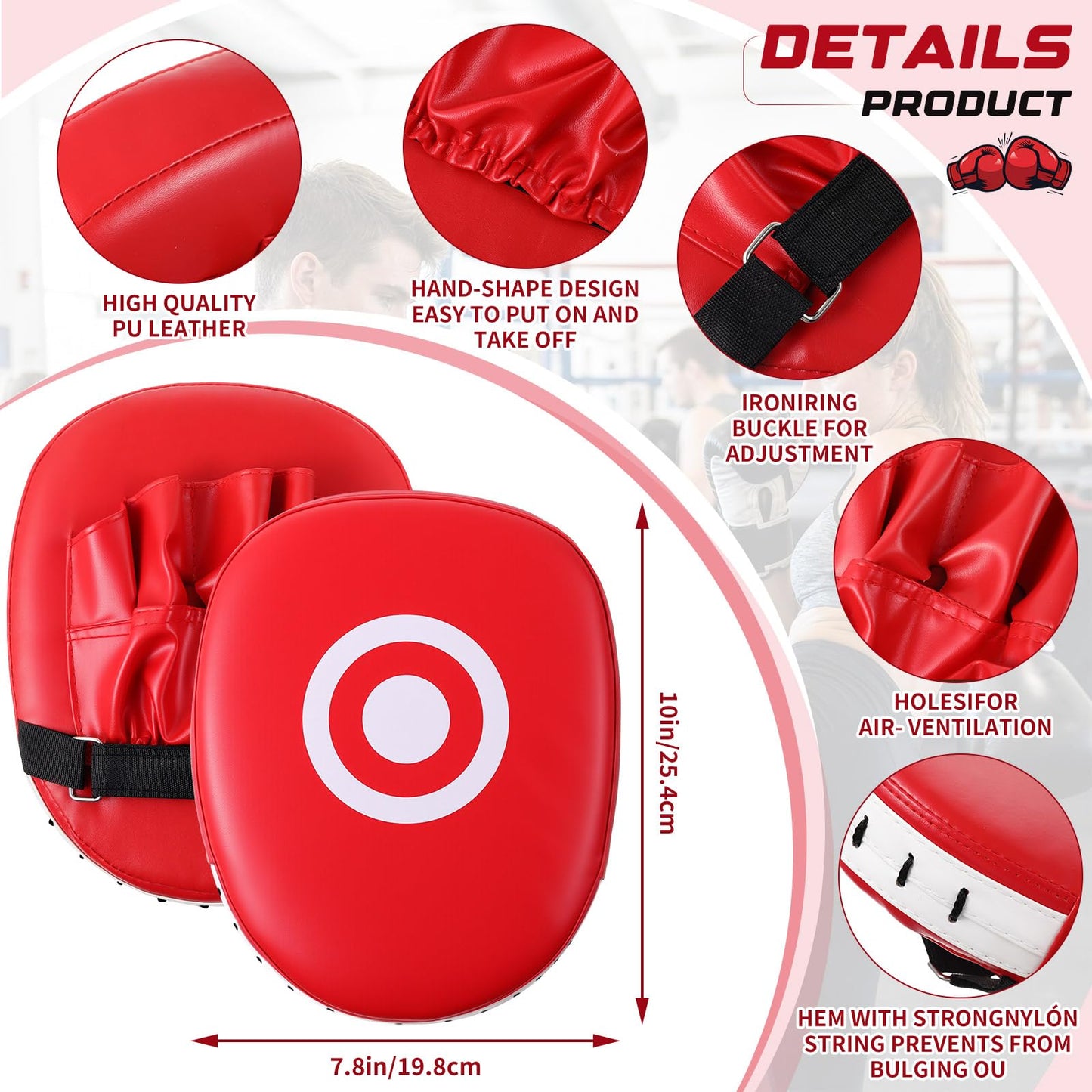 Poen 7 in 1 Taekwondo Kick Pad Boxing Training Equipment Punching Mitts Martial Arts Wrist Band Adjustable Soft Pads Set for Karate Muay Thai MMA Training (Red,Circle)