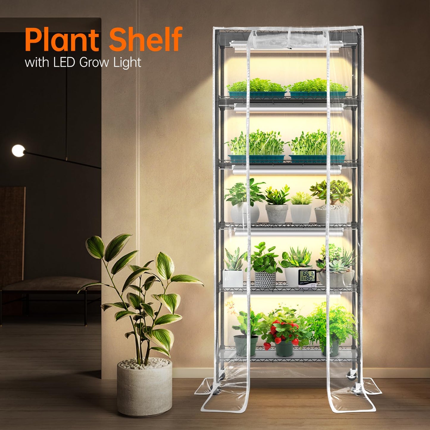 Bstrip Indoor Greenhouse with Grow Light, DIY Plant Shelf with Cover, 6 Tier Plant Stand, 5 Pack 150W Full Spectrum Grow Lights with 3 Color Mode For Indoor Plants, Seed Starting, 29.5"L×13.8"W×71"H